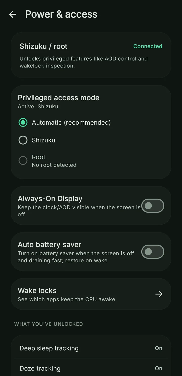 Power and access settings with Shizuku connected, Always-On Display and automatic battery saver controls